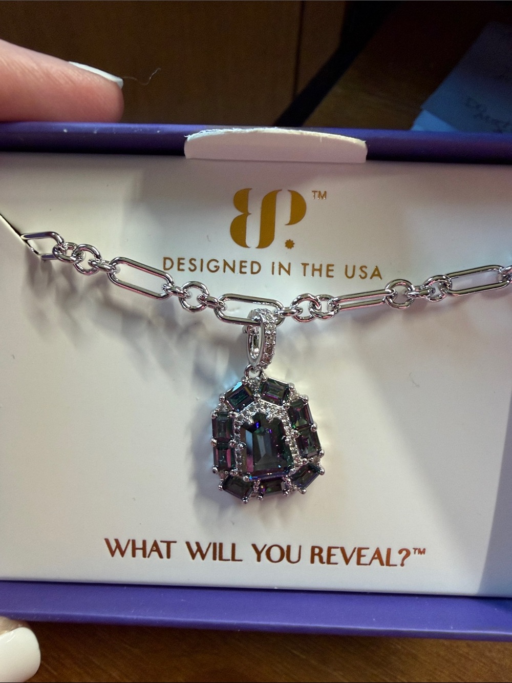 Silver Necklace with Emerald-Cut Iridescent Pendant